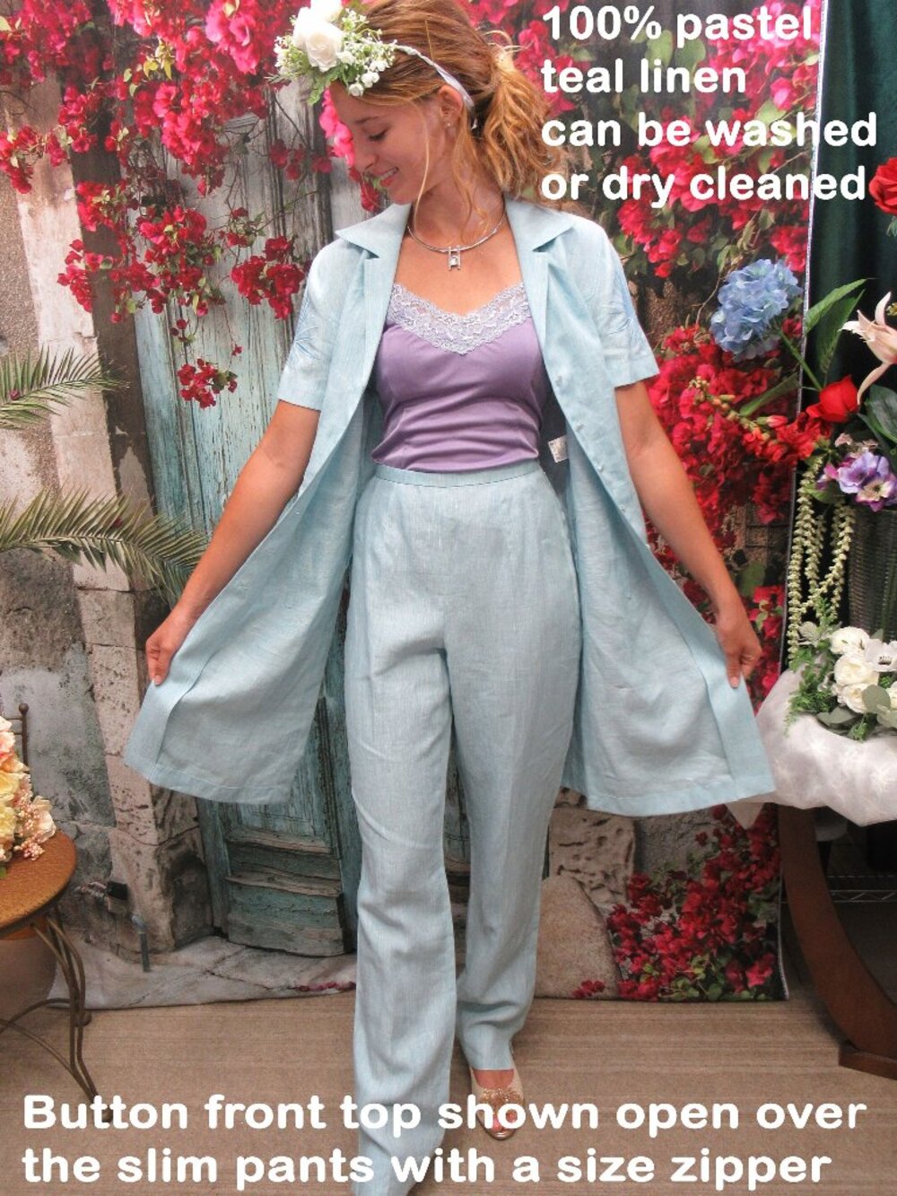 38" bust Escada pant set, Tunic length button front jacket, Slim pants, Teal